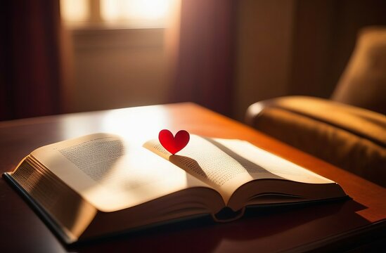 There is an open book on the table with a red heart in it. Beautiful postcard, the sun is shining from the window. Love of reading.World Book Day 