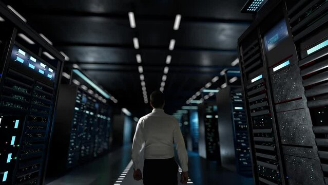 Next Big thing Web 5.0. IT Administrator Activating Modern Data Center Server with Hologram.