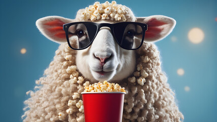 Funny hipster sheep with fashion sunglasses holds a red cup of cola and a basket of popcorn rest and watching a movie on a blue background. Creative idea, rest. Happy fun animal concept See Less - obrazy, fototapety, plakaty