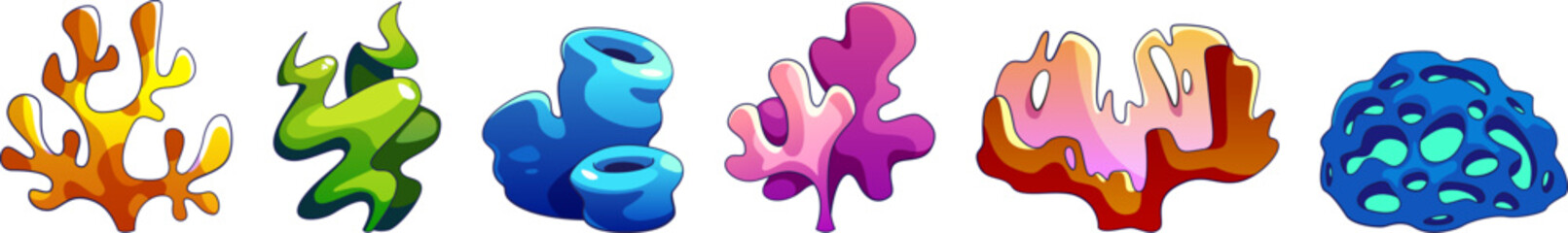 Color set of coral reefs isolated on white background. Vector cartoon illustration of underwater seabed or aquarium bottom design elements, colorful aquatic plants collection, marine nature life