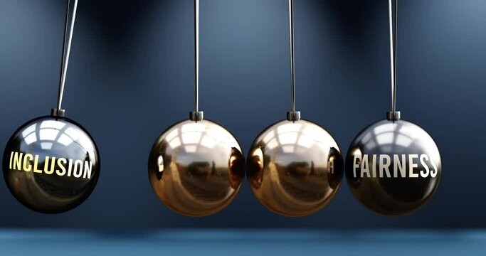 Inclusion leads to fairness. A Newton cradle metaphor in which inclusion gives power to set fairness in motion. Cause and effect relation between inclusion and fairness. Can be looped