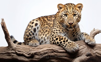 Leopard rests on branch against white background, majestic big cats image