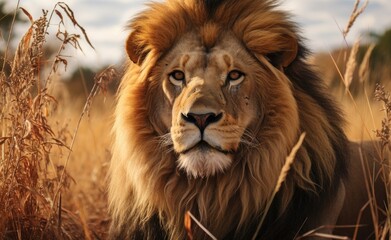 Majestic lion standing in tall grass, majestic big cats picture - Powered by Adobe