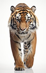 Majestic tiger walking on a white background, majestic big cats image