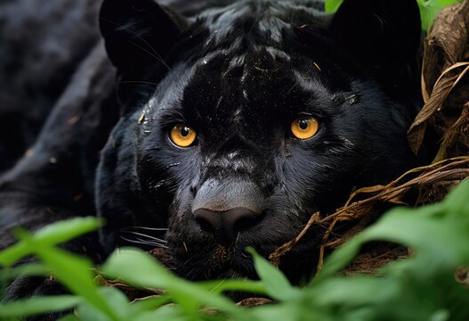 Black panther relaxing in grass, majestic big cats picture