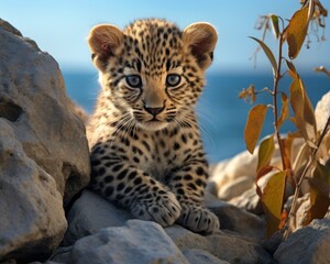 Little leopard sits on rocks, baby wild animals picture