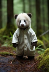 A cute baby panda standing in a forest, baby wild animals concept