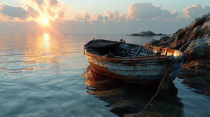 Tranquil Dawn: Solitary Boat on Serene Waters