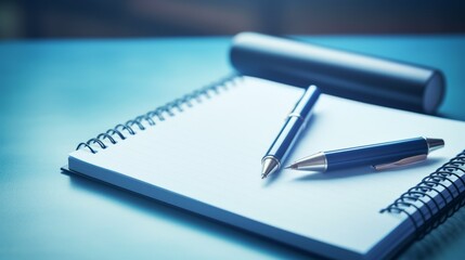 An open notebook and pens on the table on a blue background. Business concept.