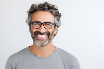 Obraz premium Modern Professional: Smiling Man with Beard and Eyeglasses in Grey Shirt with Phone on White Background