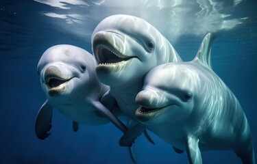 Dolphin and two baby dolphins swim in the ocean, dolphins and whales concept