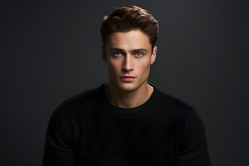 Fototapeta premium Confident Style: Portrait of a Handsome Young Man in Black T-Shirt on Black Background