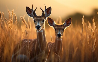 Two gazelles standing in a grassland, gazelles and antelopes image - obrazy, fototapety, plakaty