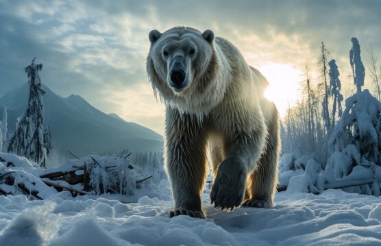 Majestic polar bear walking on ice, bears and arctic wildlife photo