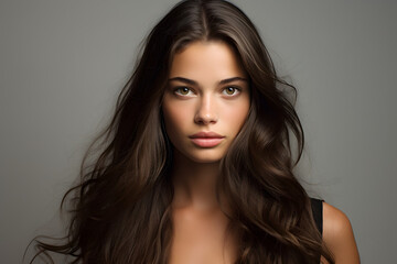 Naklejka premium Timeless Beauty: Very Beautiful Brunette with Long Hair on White Background