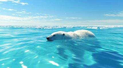 Polar bear swimming in the blue artic ocean on a clear sunny day