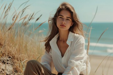 Young woman in a white shirt sitting by the sea.