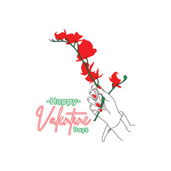 Illustration design of a hand holding flowers full color in monoline art style with happy Valentine's Day text