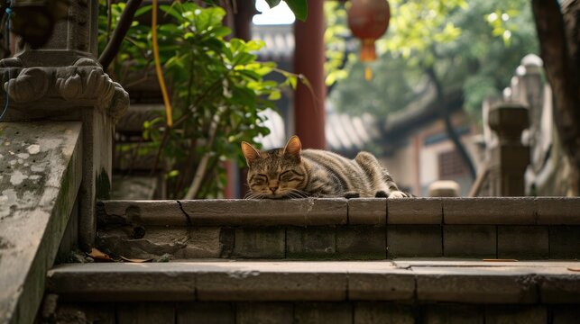 Cat relaxing on stairs with a tree behind it, in the style of Buddhist art and architecture.