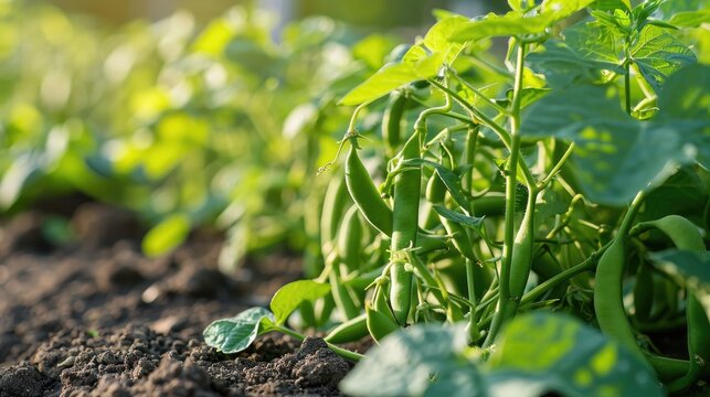 Green beans growing in a garden in summer.