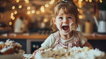Zelfklevend Fotobehang A kid making a cake with surprised and proud expression. Concept of creative and careless © Tazzi Art