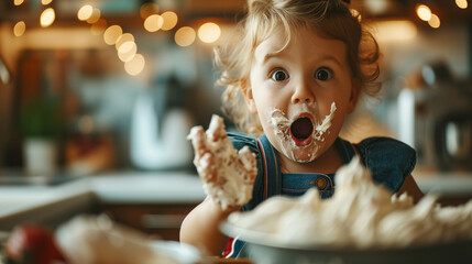 A kid making a cake with surprised and proud expression. Concept of creative and careless - obrazy, fototapety, plakaty