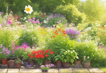Naklejka premium Planting Flowers In Sunny Garden. Spring Gardening Works Concept 