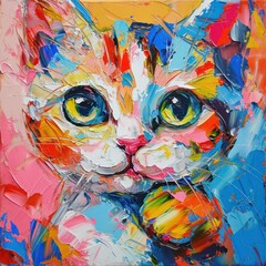 Contemporary wall decor comes to life with this cute cat painting—a textured and colorful abstract hand-drawn doodle.
