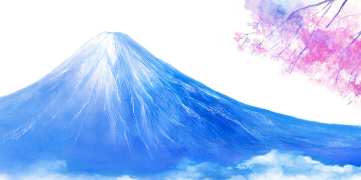 富士山と桜の風景イラスト　年賀状背景　Mount Fuji