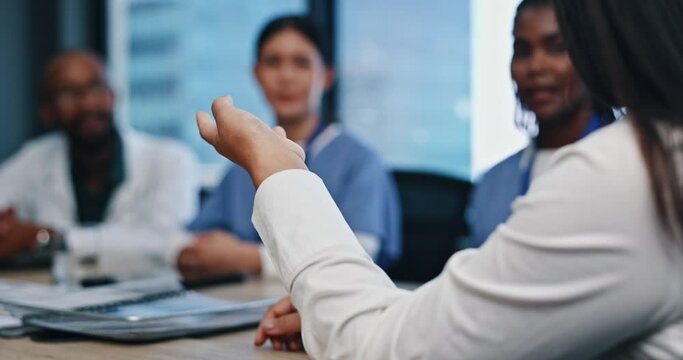 Hospital, meeting or hands of doctors in discussion for planning, healthcare or diagnosis. Healthcare, teamwork or people talking in clinic office together for medical update, consulting or solution