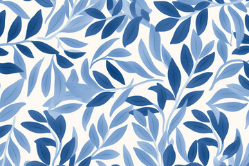 A seamless pattern of blue and white leaves on a white background, Generative AI