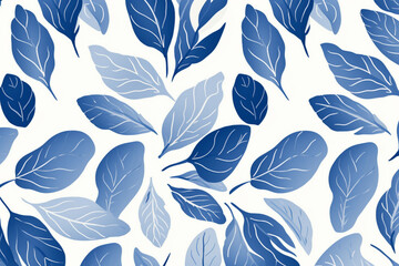Fototapeta premium A seamless pattern of blue and white leaves on a white background, Generative AI