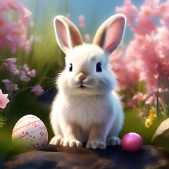 Cute Easter rabbit with flowers. AI generative