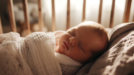 Newborn baby peacefully sleeping in a crib, wrap on white blanket. - obrazy, fototapety, plakaty