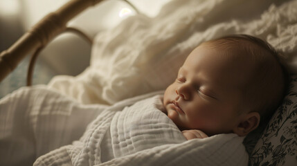 Newborn baby peacefully sleeping in a crib, wrap on white blanket.