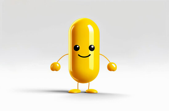 3d cartoon yellow medicine capsule with arms and legs on white background