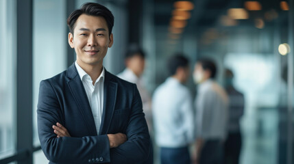 Fototapeta premium Portrait of a handsome smiling asian businessman boss standing in his modern business company office.