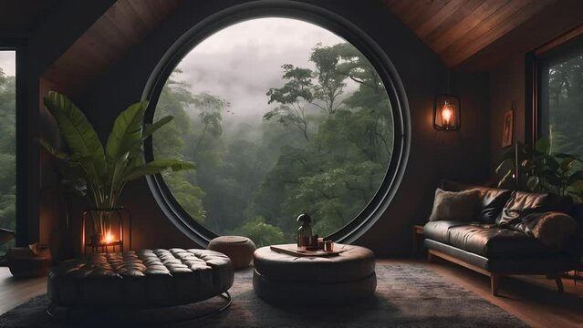 stream overlay animation backgrounds, live wallpapers, seamless loop. Cozy luxury living room round window with jungle rain view. vtuber streamer gaming asset, zoom screen. Chill hip hop study video.