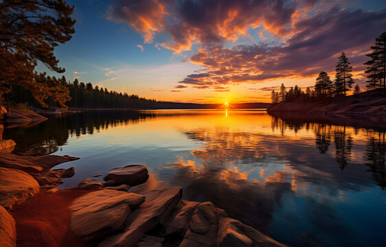 Beautiful Sunrise over lake landscape with stunning natural lights Image,  AI Generative Photo,