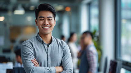 Fototapeta premium Portrait of a handsome smiling asian businessman boss standing in his modern business company office.