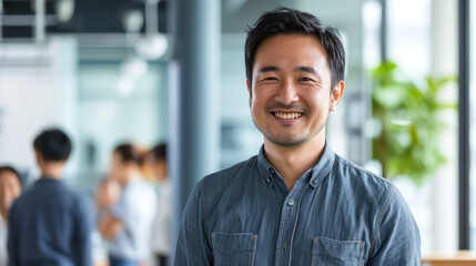 Portrait of a handsome smiling asian businessman boss standing in his modern business company office.
