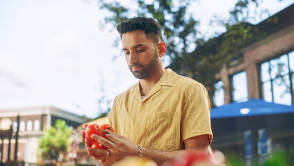 Handsome Multiethnic Male Customer Buying Sustainable Organic Tomatoes From a Farmer Marketplace on...