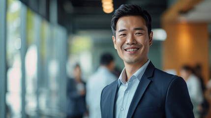 Fototapeta premium Portrait of a handsome smiling asian businessman boss standing in his modern business company office.