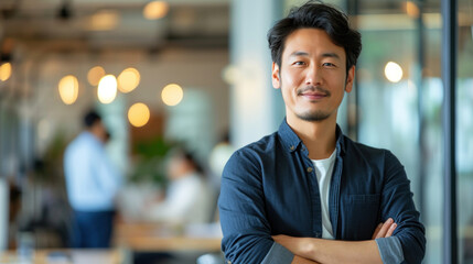 Fototapeta premium Portrait of a handsome smiling asian businessman boss standing in his modern business company office.