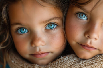 The close-up portrays the radiant faces of twins