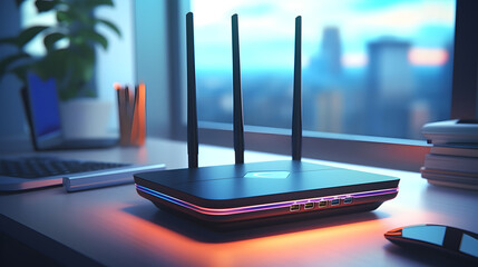 A sleek, modern wi-fi router sits on a tidy desk next to a sunlit window. Whether you're working, streaming, or gaming, this reliable wi-fi router will keep you connected to the world. - obrazy, fototapety, plakaty