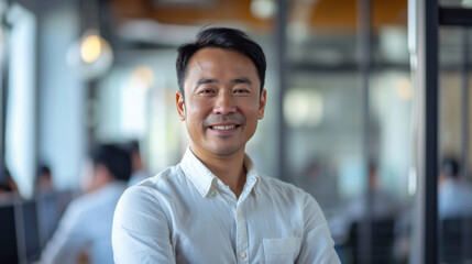 Fototapeta premium Portrait of a handsome smiling asian businessman boss standing in his modern business company office.