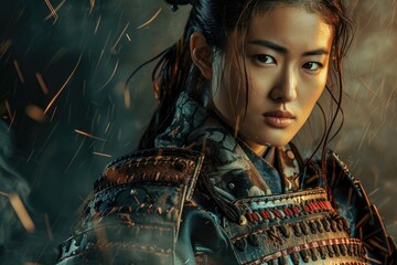 Studio portrait of a female samurai with a reflective gaze, traditional armor blended with modern elements, abstract background - obrazy, fototapety, plakaty