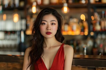 Studio portrait of a Japanese woman in a chic cocktail dress, with a stylish urban bar background