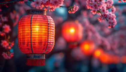 View of colorful Japanese lanterns hanging under Sakura trees with a blurred background of...